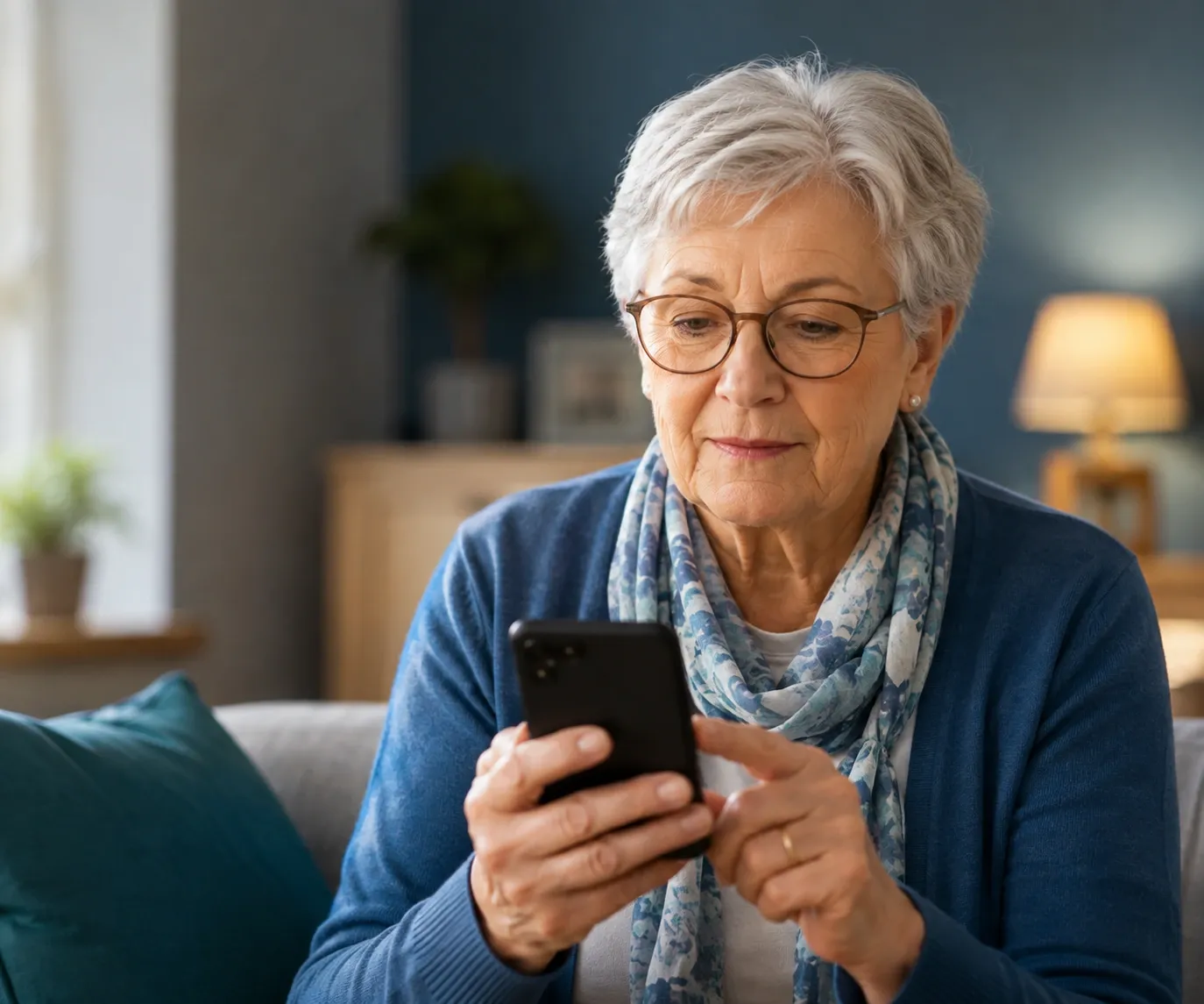 Personne senior vérifiant avec attention un message reçu sur son téléphone